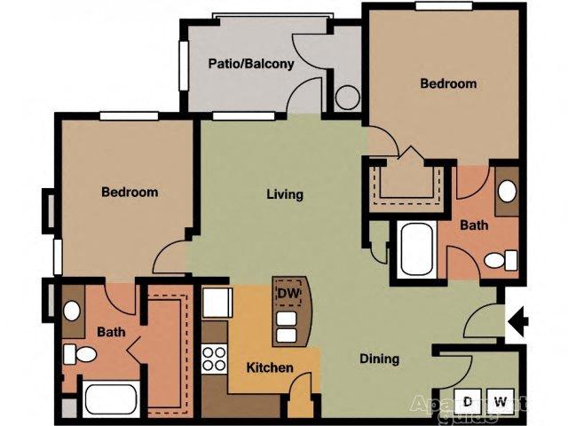 Floor plan for 2 beds, 2 baths, 1077 sqft